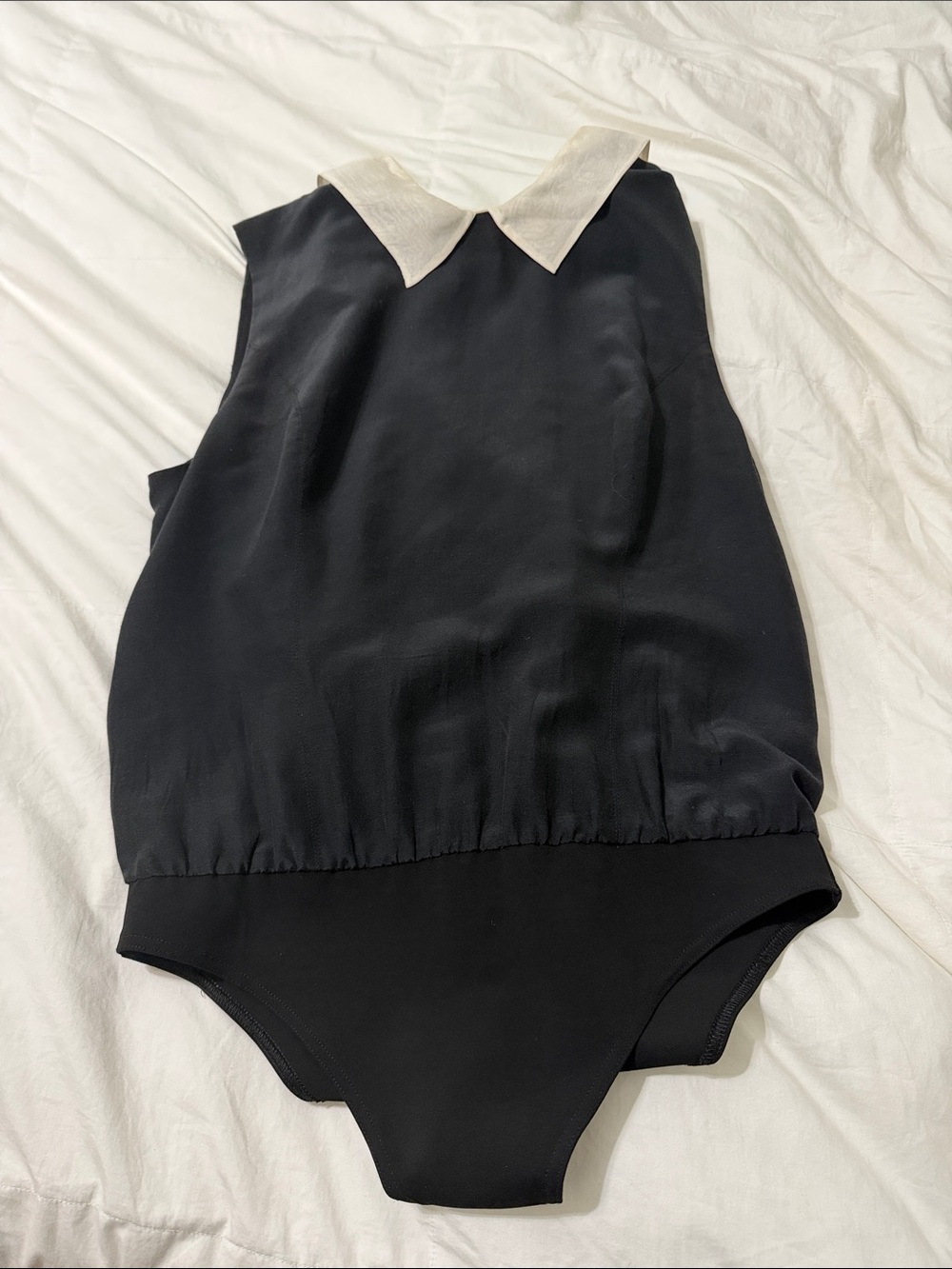Frame Denim Black One-Piece with Cream Peter Pan Collar -